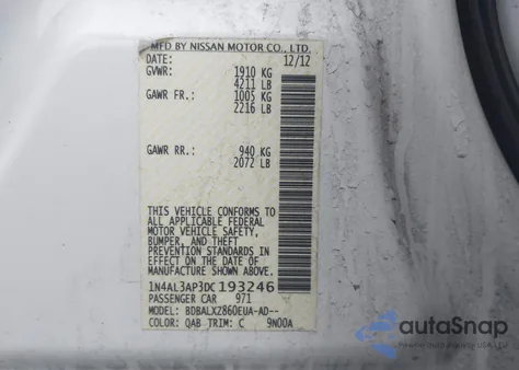 2013 Nissan Altima 2.5 Sl z USA, uszkodzony, nr VIN 1N4AL3AP3DC193246